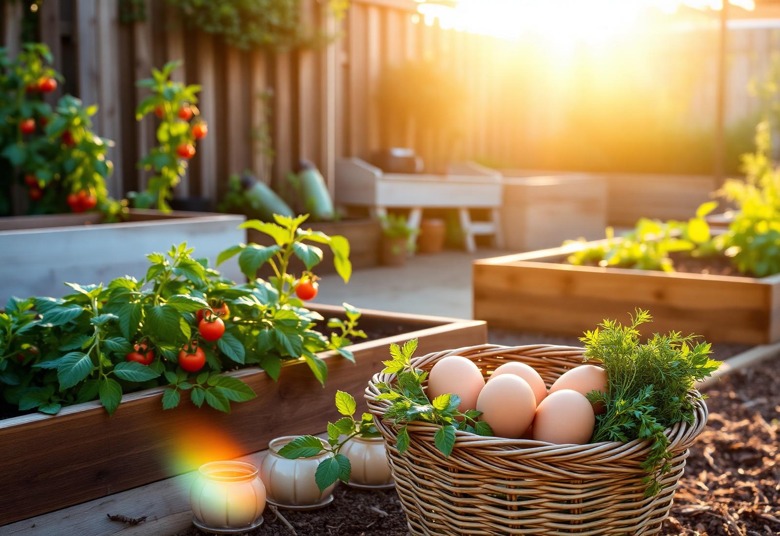 Raised backyard garden beds with ripe tomatoes and a basket of fresh eggs and herbs in morning light